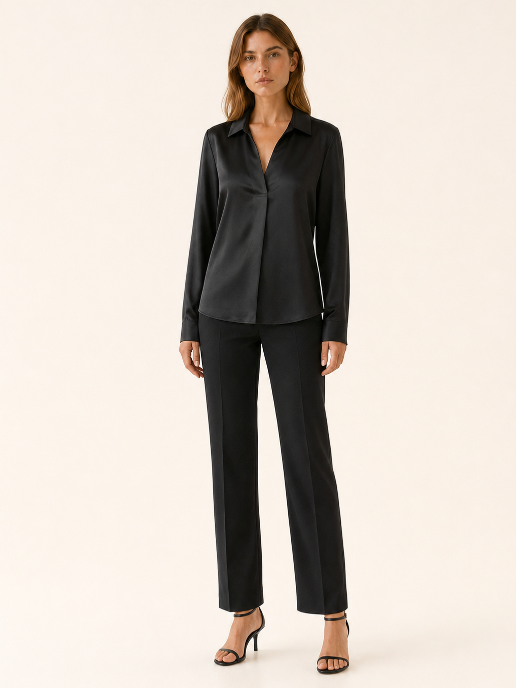 Black Satin V-Neck Blouse with Long Sleeves – detail view