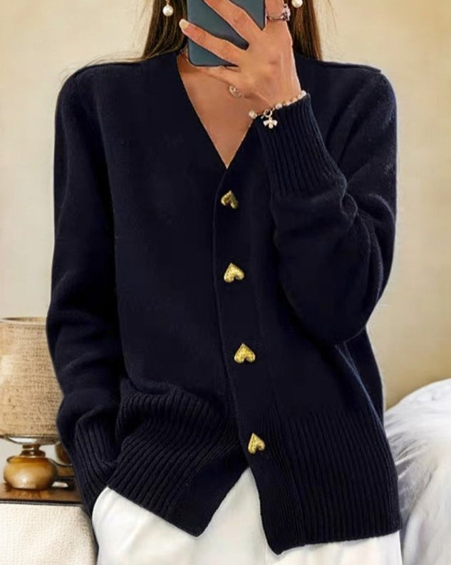 Adele Elegant Cardigan with Heart Buttons — close-up view