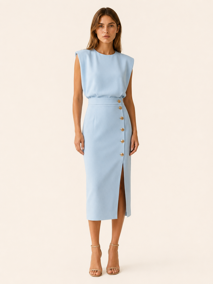 Beige Midi Dress with Button Slit and Round Neck – angled view