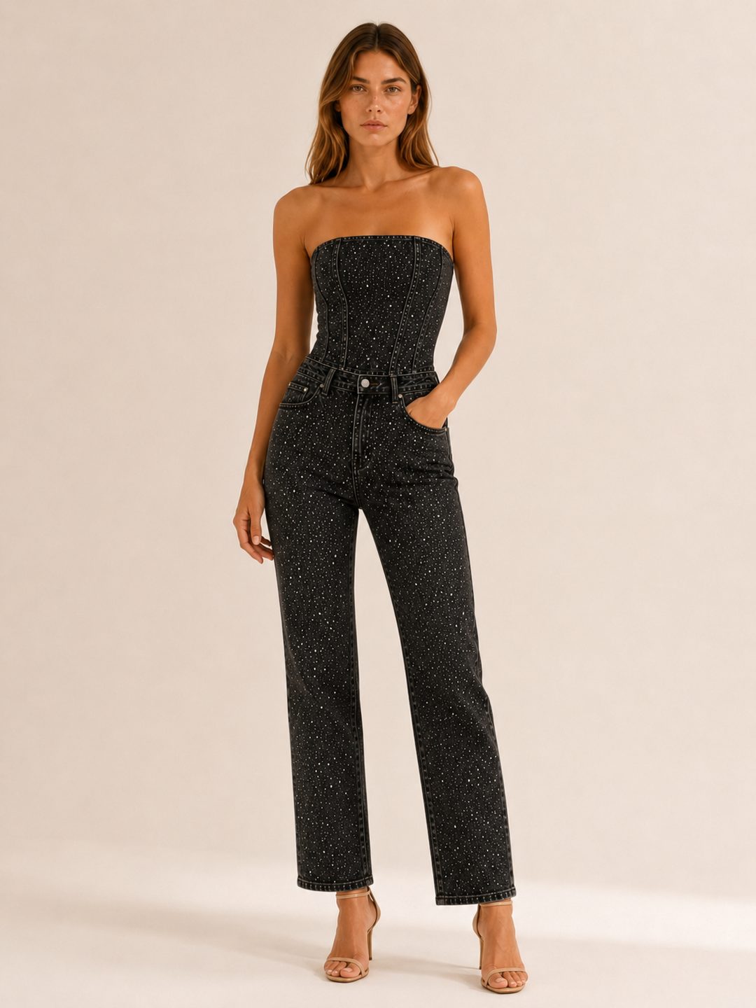 Tabitha | Glitter Denim Jumpsuit with Strapless Bodice