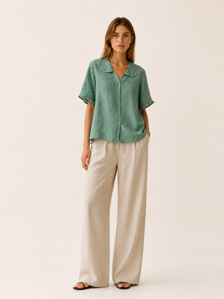 Green Linen Blouse with Scalloped Collar and Button Front – front view
