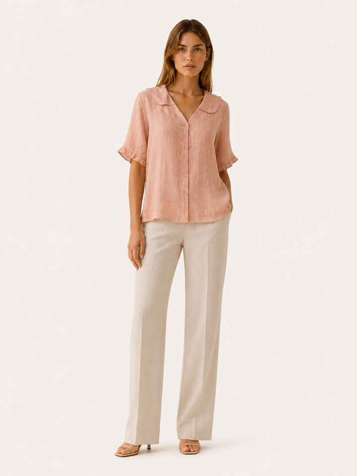 Green Linen Blouse with Scalloped Collar and Button Front – detail view