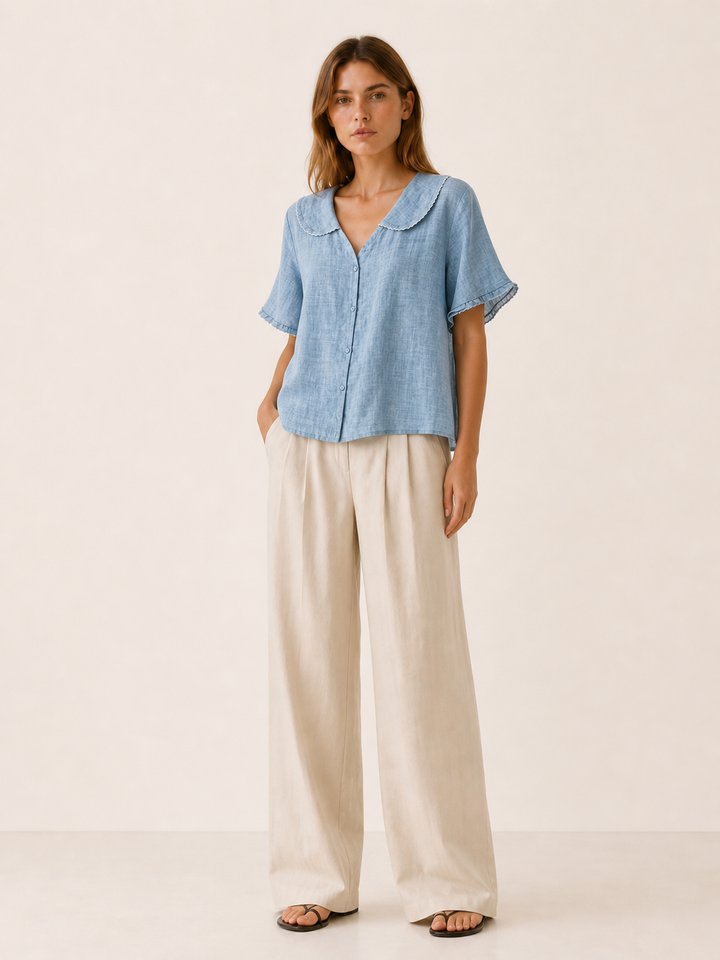 Peach Linen Blouse with Scalloped Collar and Button Front – close-up