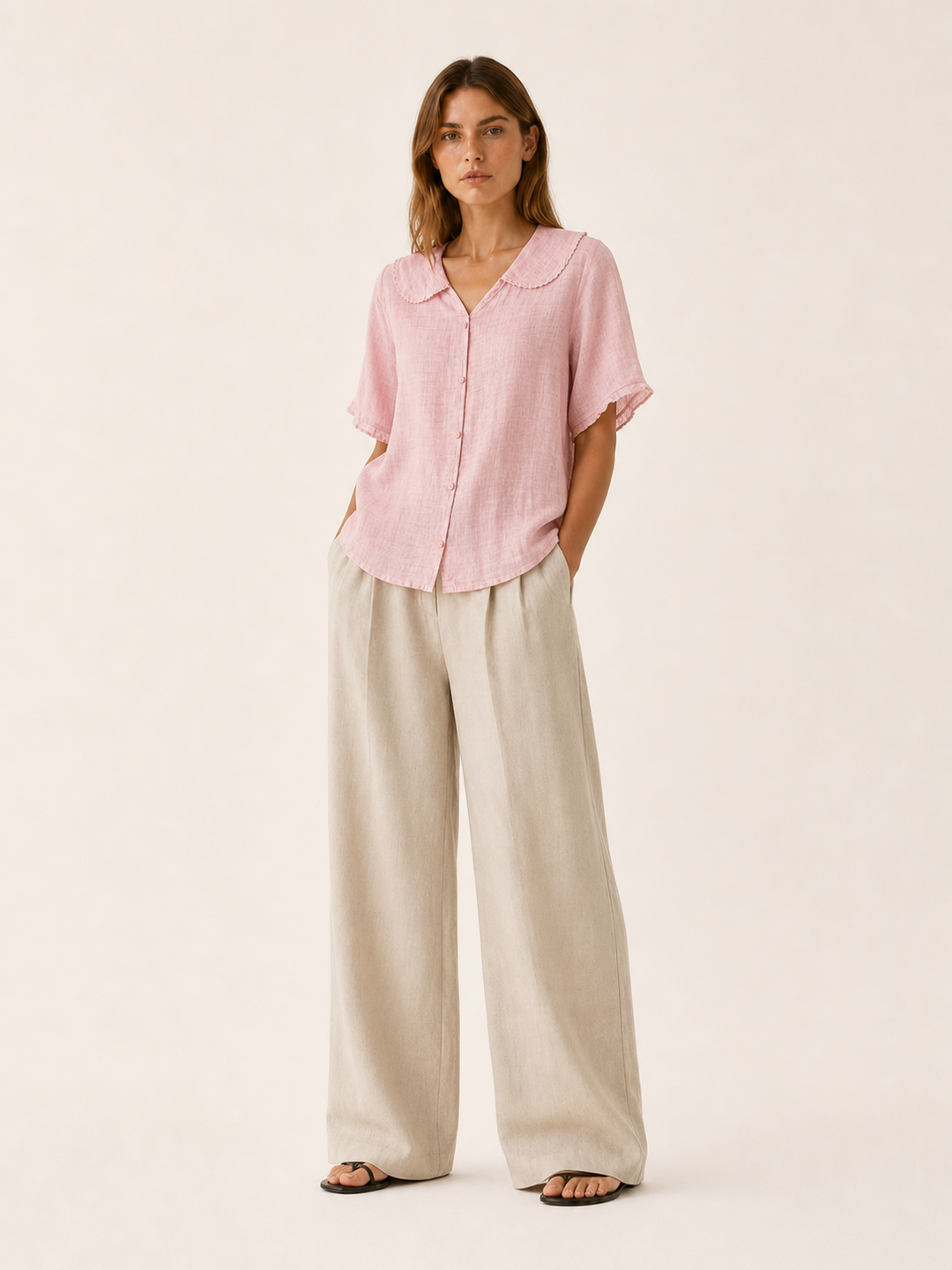 Blue Linen Blouse with Scalloped Collar and Button Front – lifestyle
