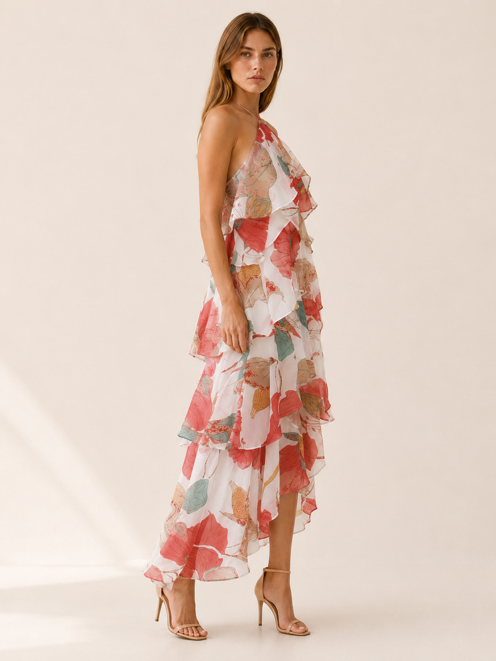 Red Floral Halterneck Maxi Dress with Ruffle Skirt – side view