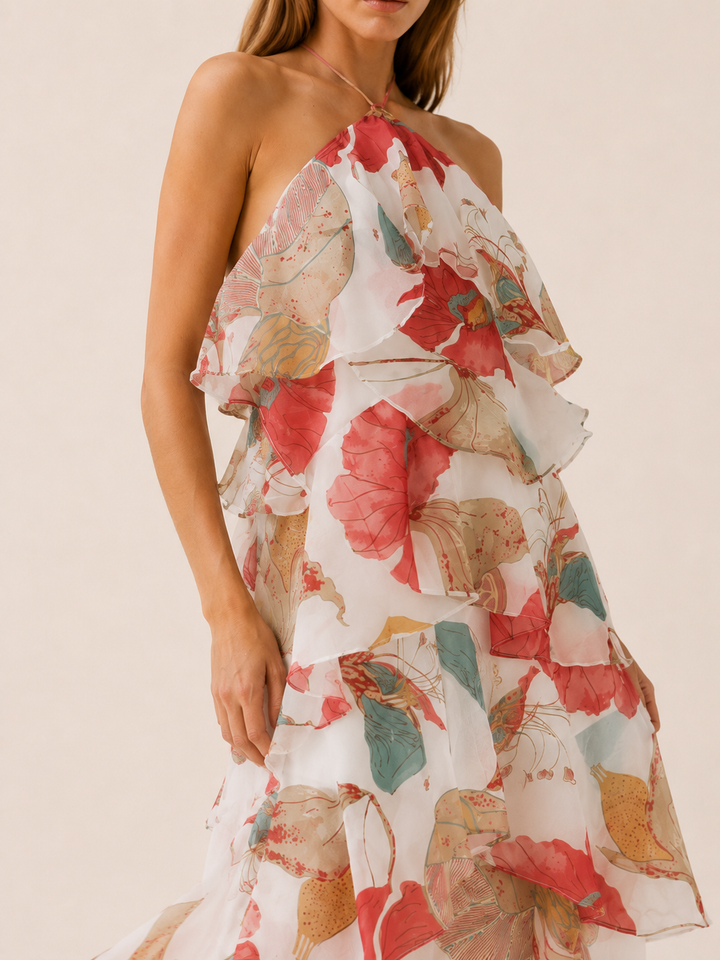 Red Floral Halterneck Maxi Dress with Ruffle Skirt – detail view