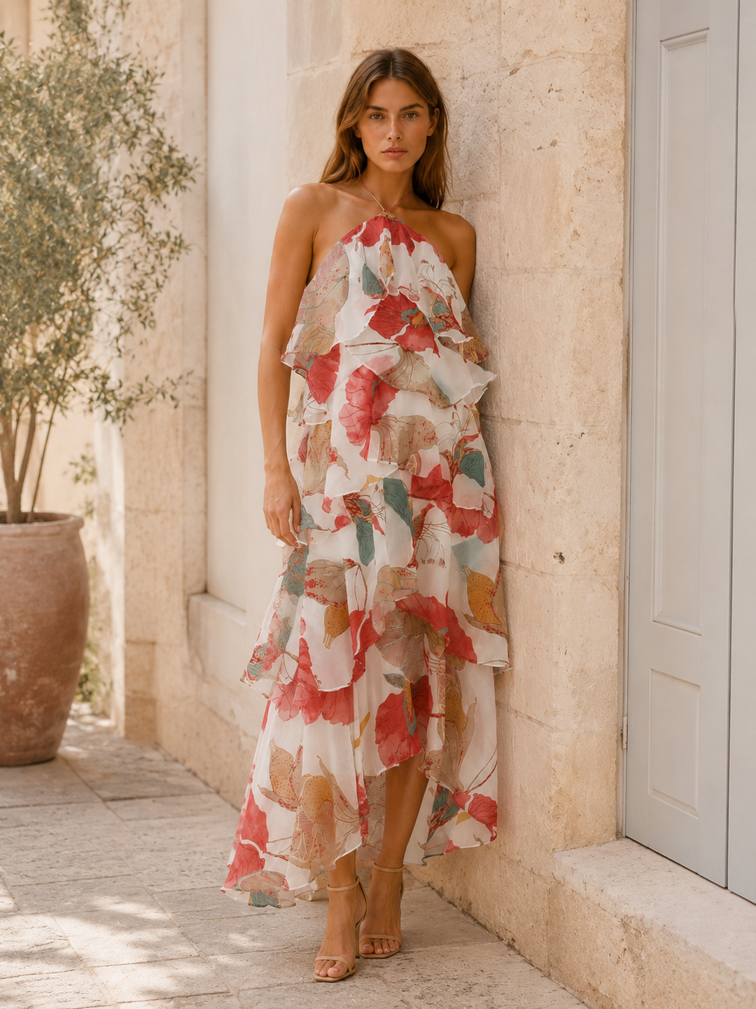Red Floral Halterneck Maxi Dress with Ruffle Skirt – close-up