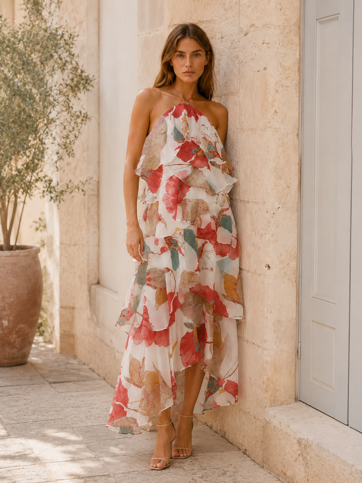 Red Floral Halterneck Maxi Dress with Ruffle Skirt – close-up