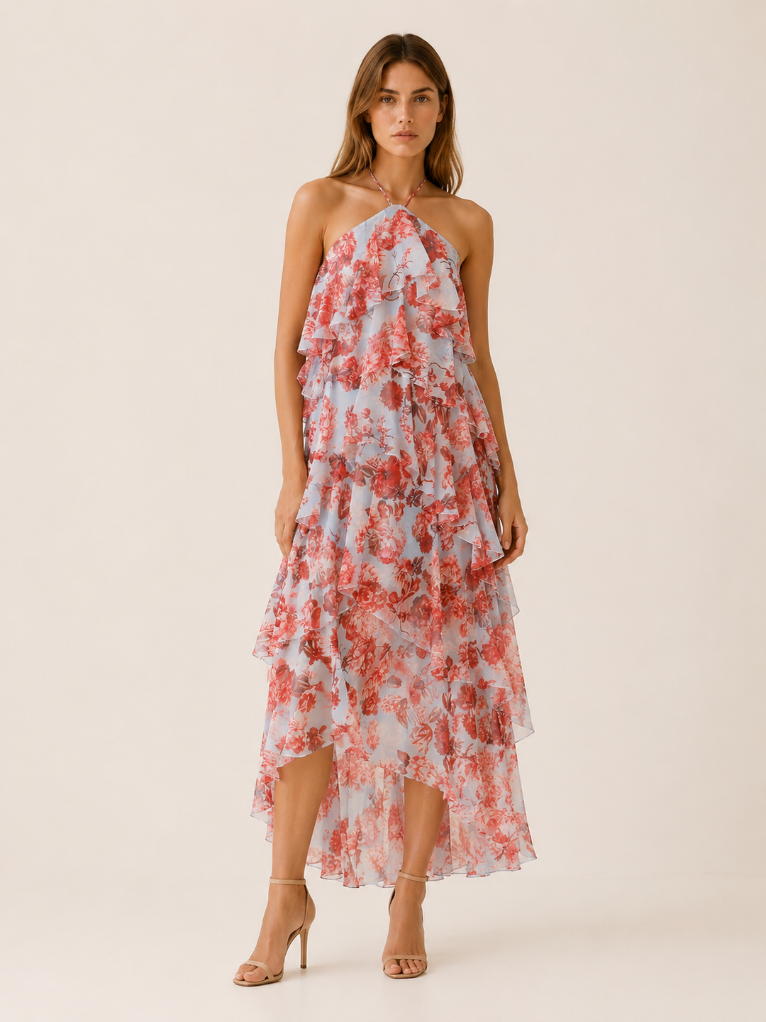 Red Floral Halterneck Maxi Dress with Ruffle Skirt – lifestyle