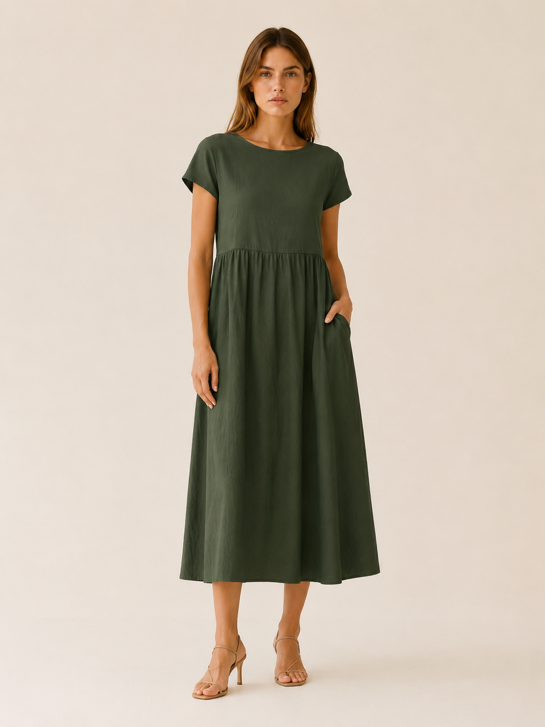 Olive Green Midi Dress with Gathered Waist – front view