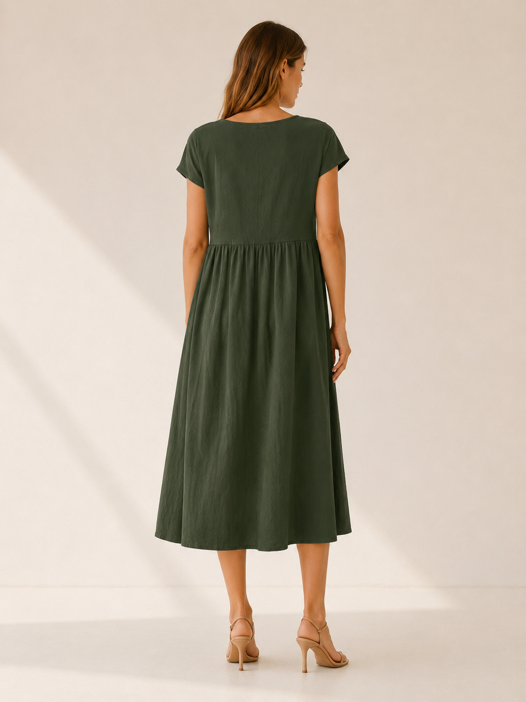 White Midi Dress with Gathered Waist – side view