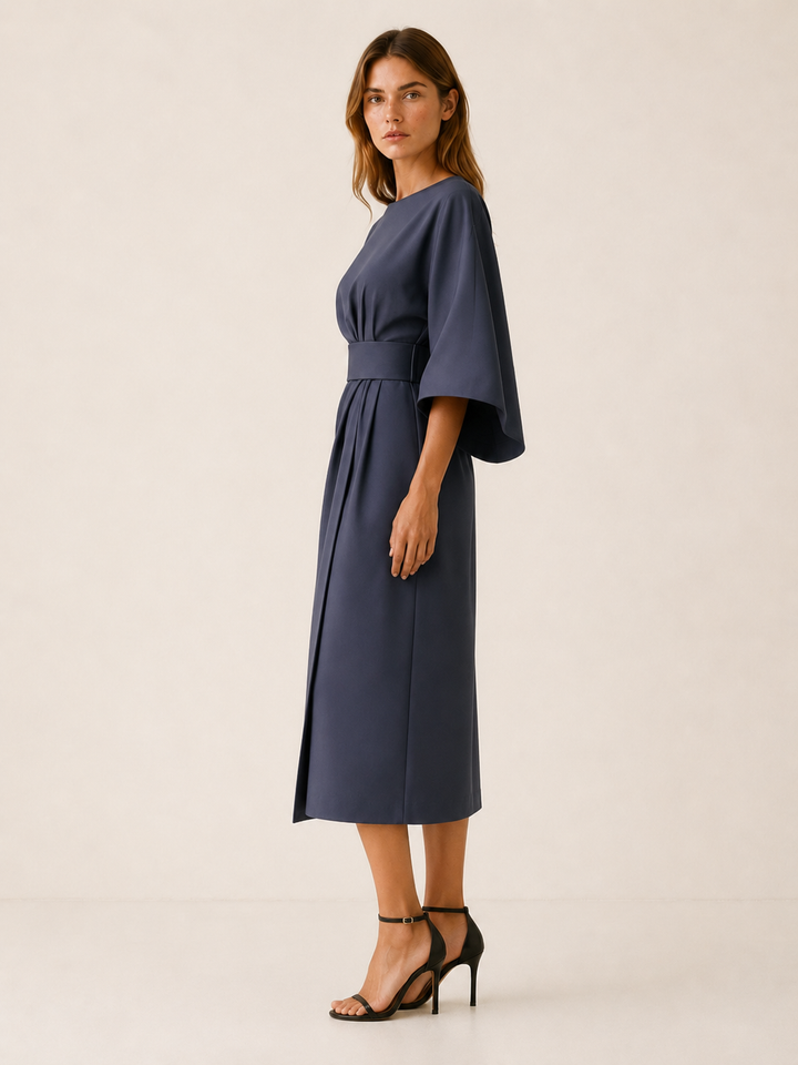 Burgundy Belted Midi Dress with Wide Sleeves – side view