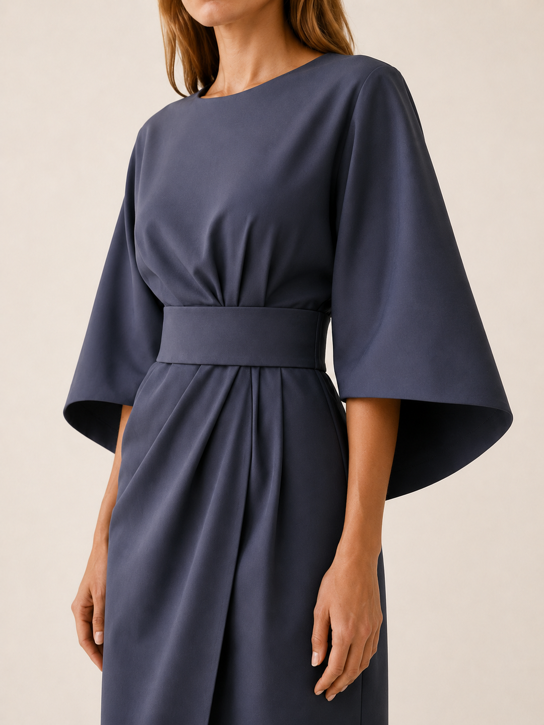 Burgundy Belted Midi Dress with Wide Sleeves – detail view
