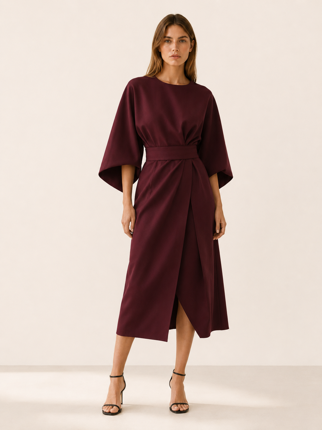 Burgundy Belted Midi Dress with Wide Sleeves – lifestyle