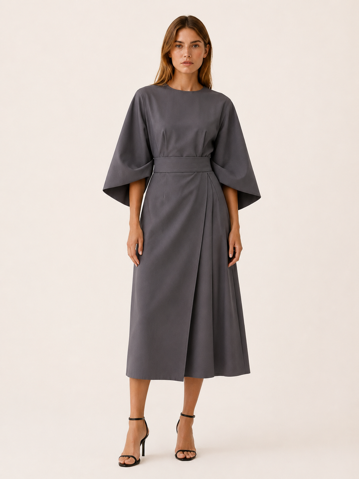 Blue Belted Midi Dress with Wide Sleeves – full length view