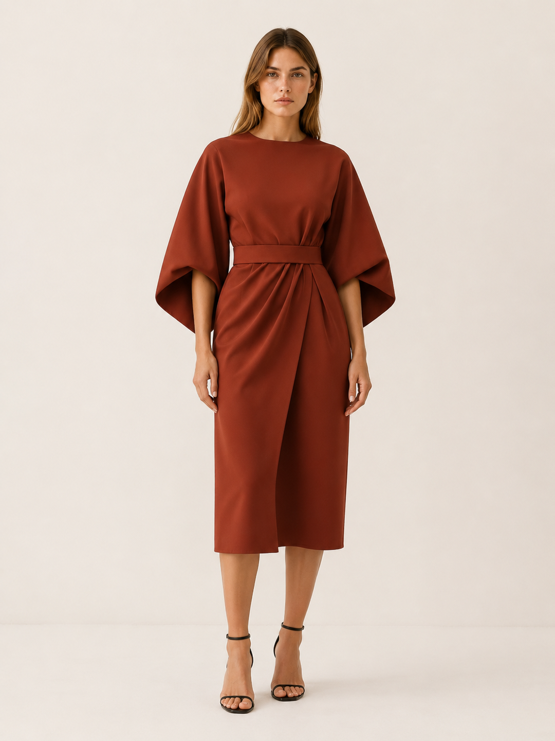 Blue Belted Midi Dress with Wide Sleeves – model view