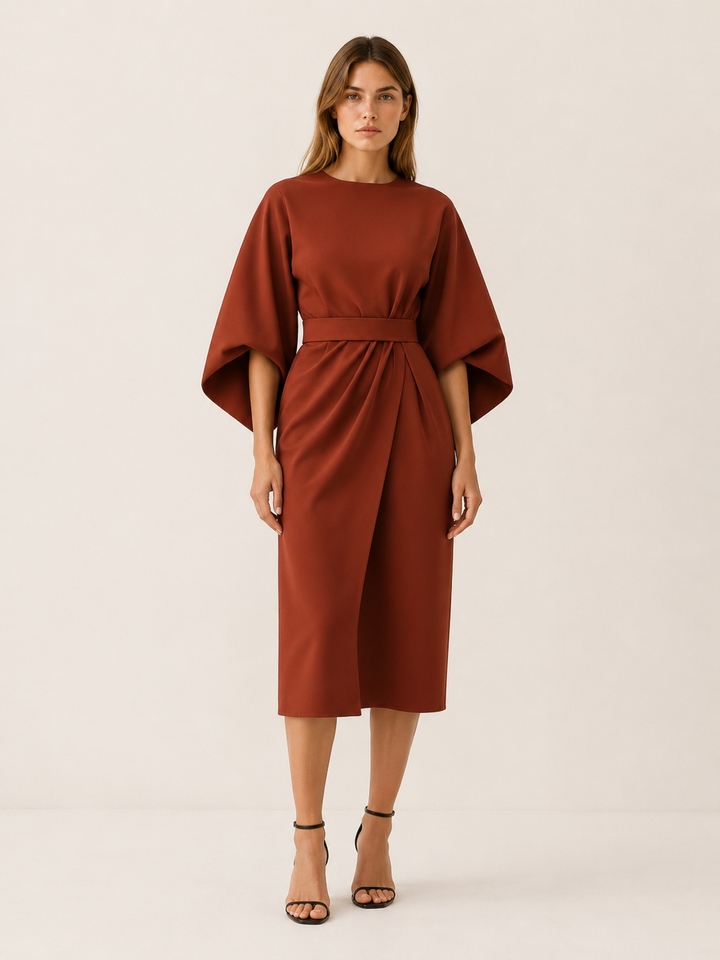 Blue Belted Midi Dress with Wide Sleeves – model view