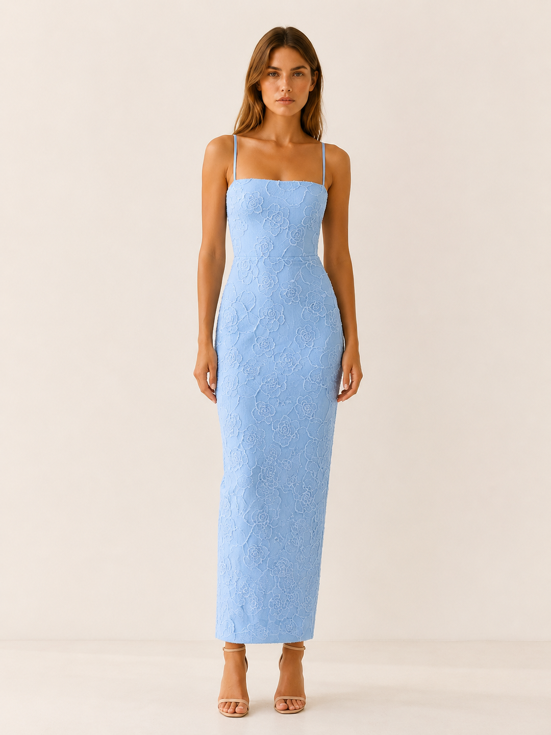 Blue Lace Maxi Dress with Slim Straps and Back Slit – front view