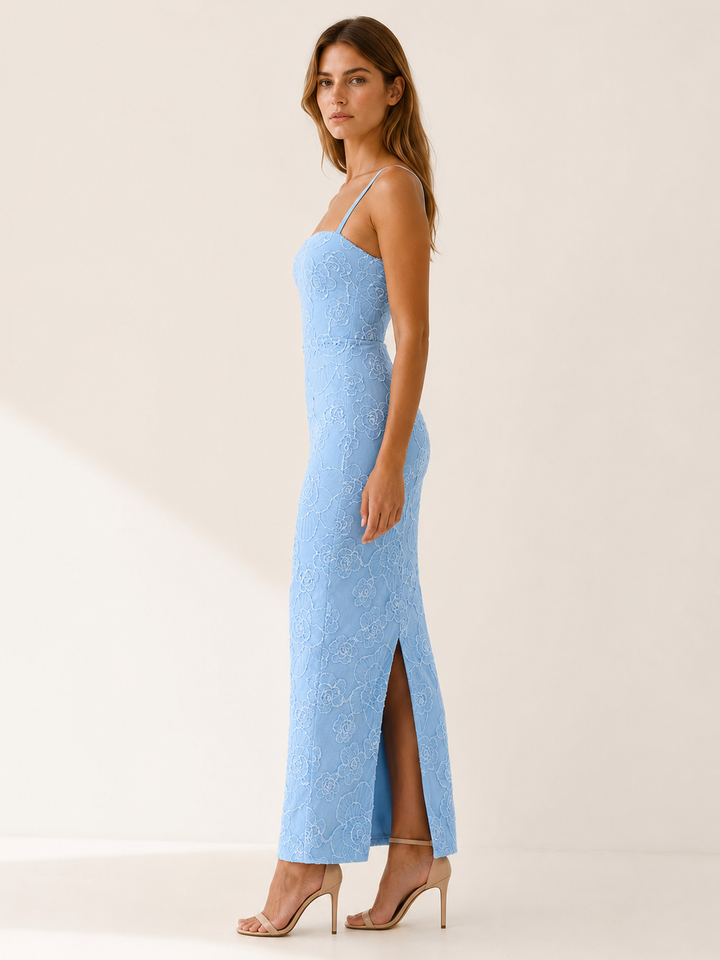 Blue Lace Maxi Dress with Slim Straps and Back Slit – side view