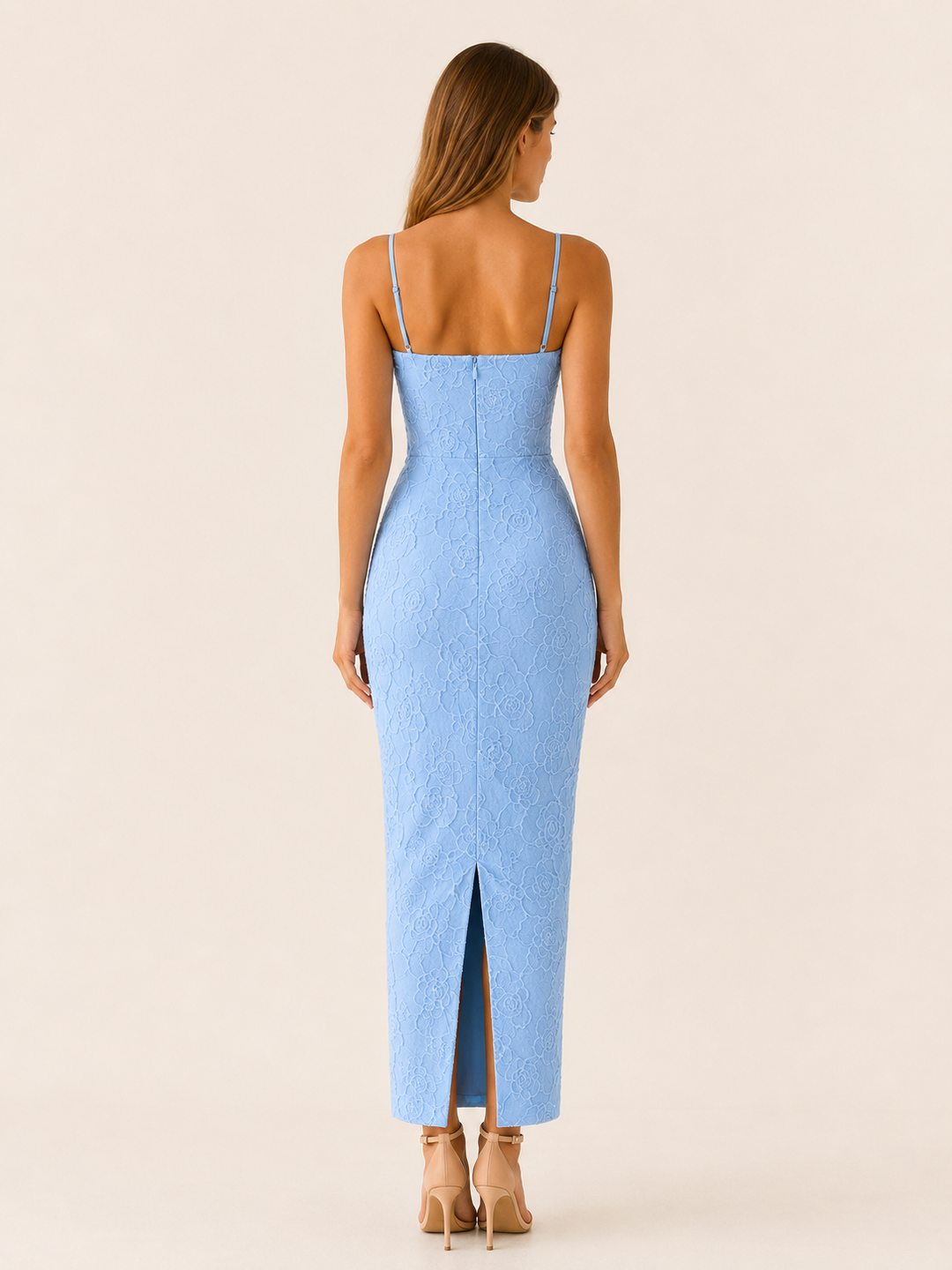 Blue Lace Maxi Dress with Slim Straps and Back Slit – back view