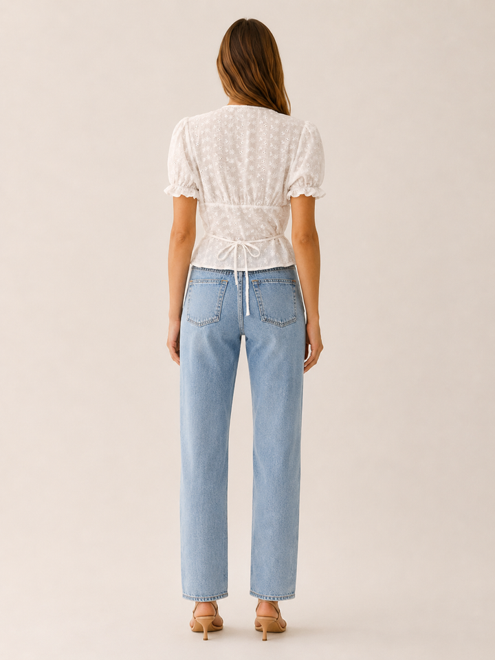 White Eyelet Blouse with Puff Sleeves and Tie Back – back view
