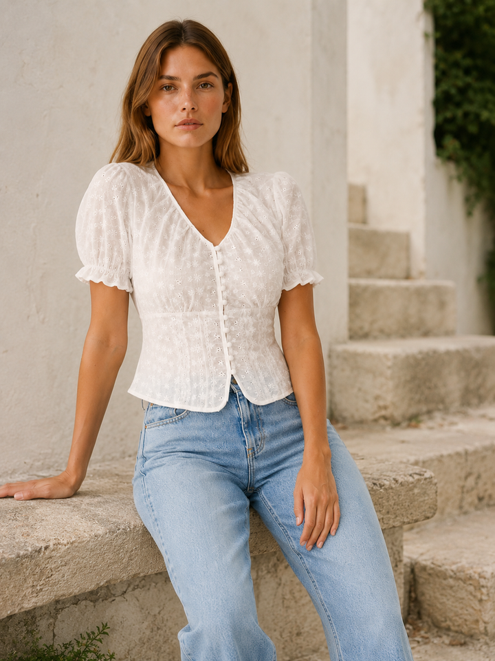 White Eyelet Blouse with Puff Sleeves and Tie Back – close-up