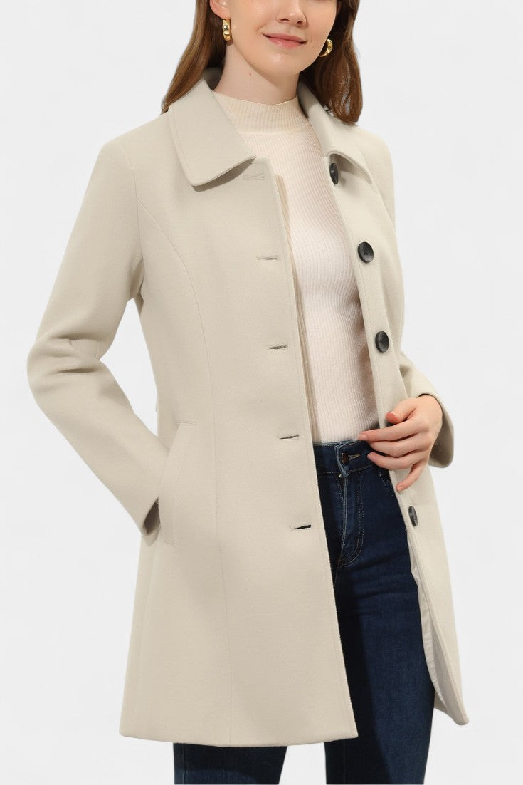 Manea thick winter coat walking pose lifestyle