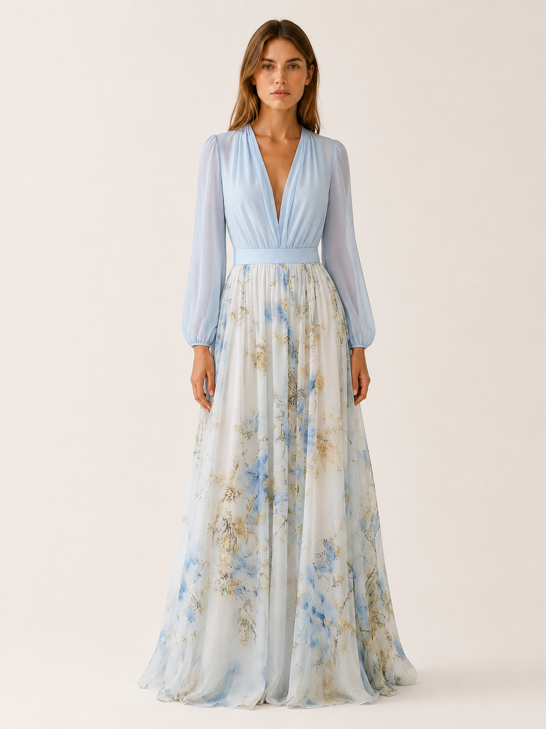 Light Blue Floral Maxi Dress with V Neck and Sheer Sleeves – front view