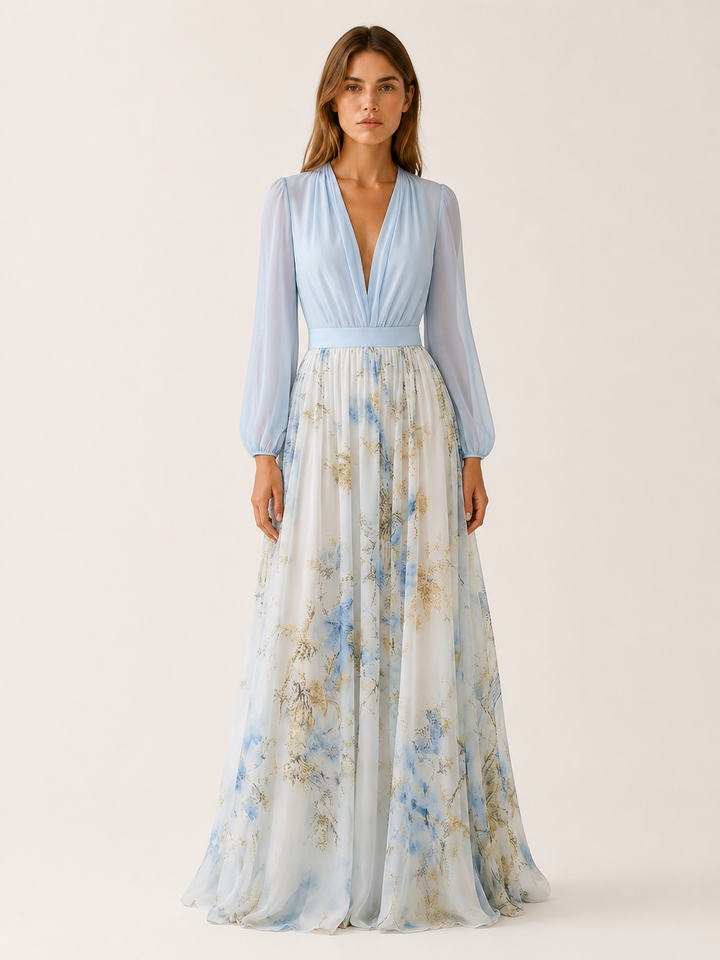 Light Blue Floral Maxi Dress with V Neck and Sheer Sleeves – front view