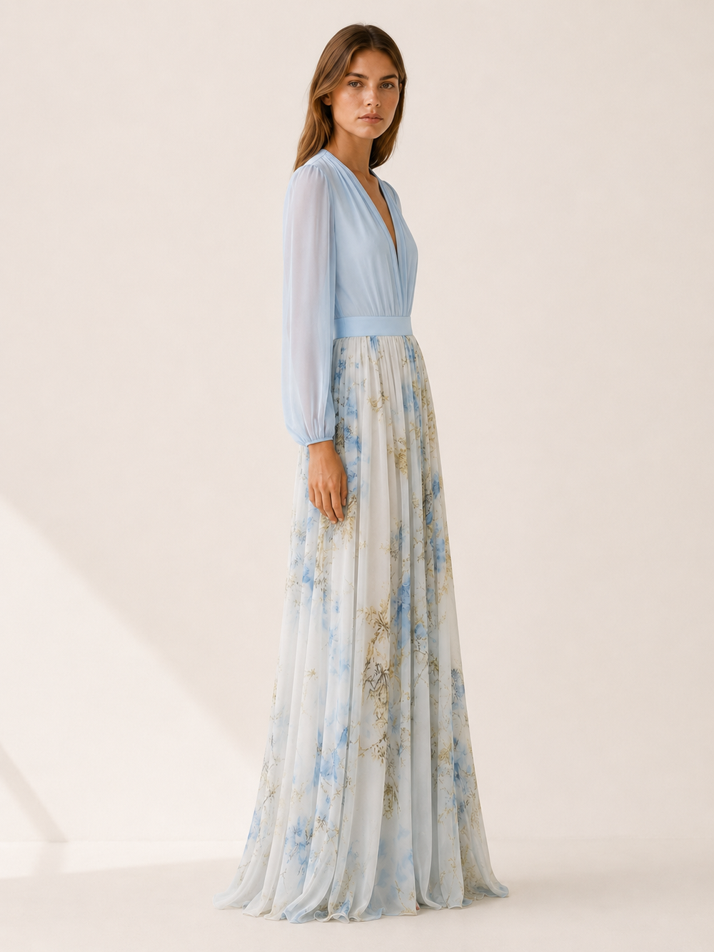 Light Blue Floral Maxi Dress with V Neck and Sheer Sleeves – side view