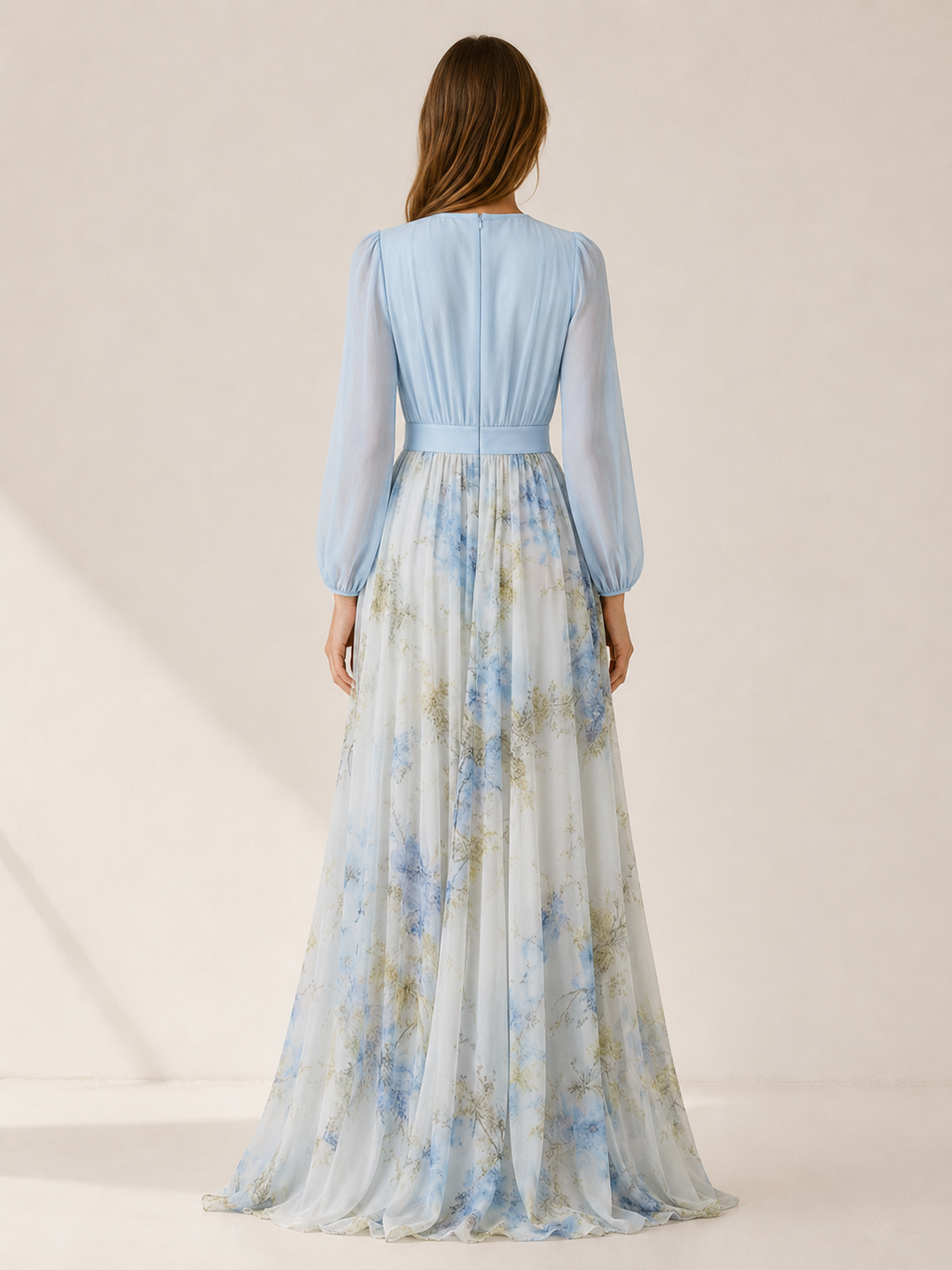 Light Blue Floral Maxi Dress with V Neck and Sheer Sleeves – back view