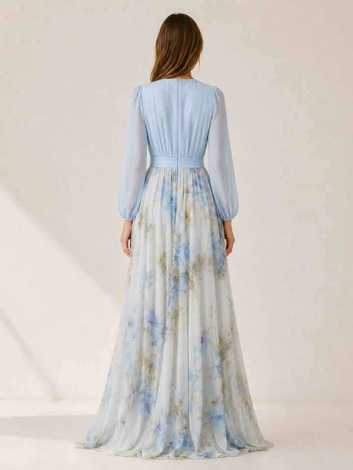 Light Blue Floral Maxi Dress with V Neck and Sheer Sleeves – back view