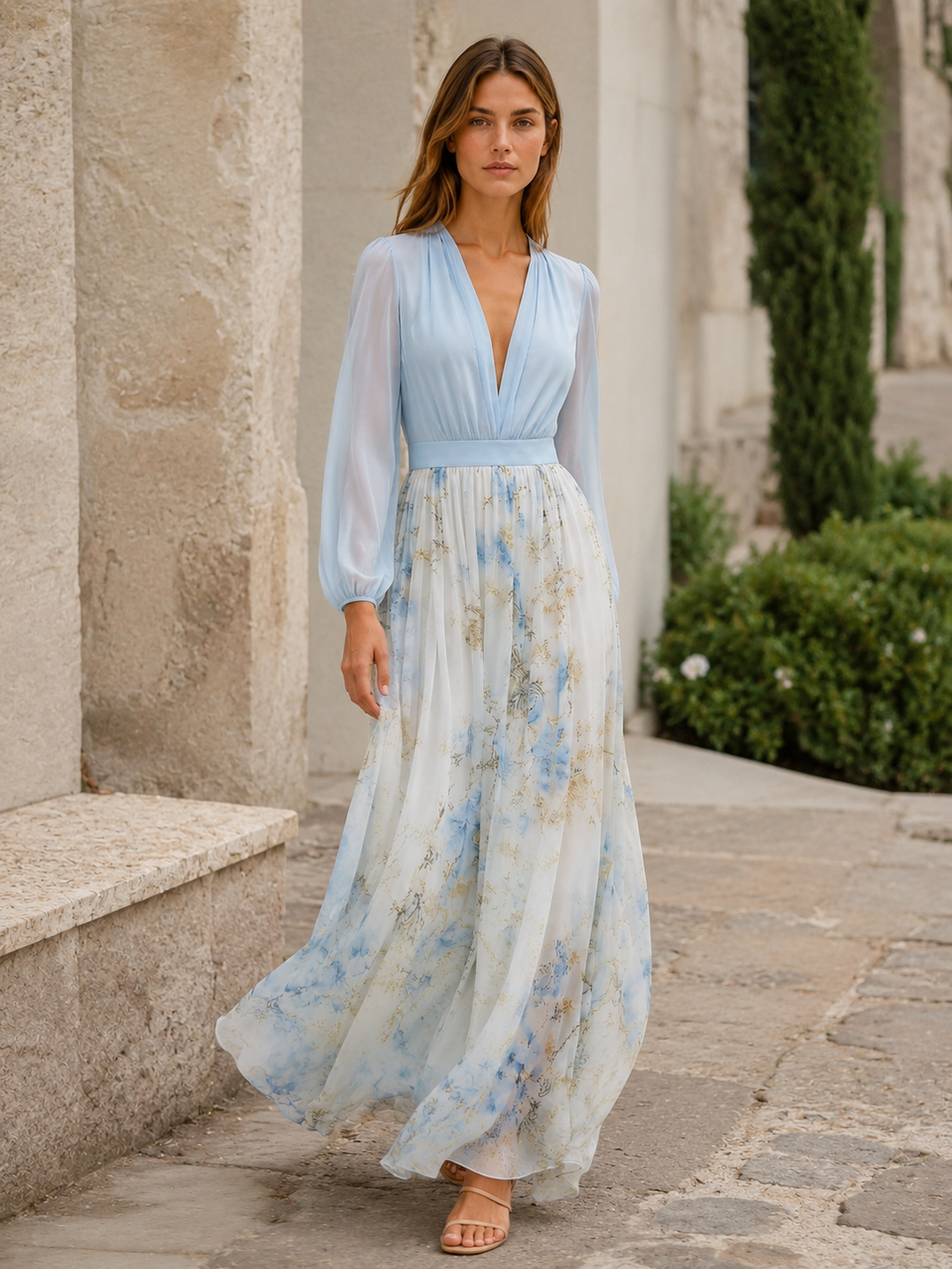 Light Blue Floral Maxi Dress with V Neck and Sheer Sleeves – close-up
