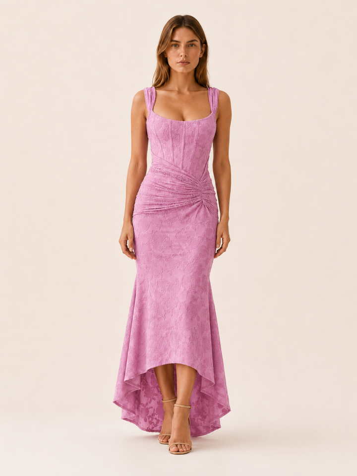 Pink Corset Maxi Dress with Ruched Waist and Mermaid Hem – front view