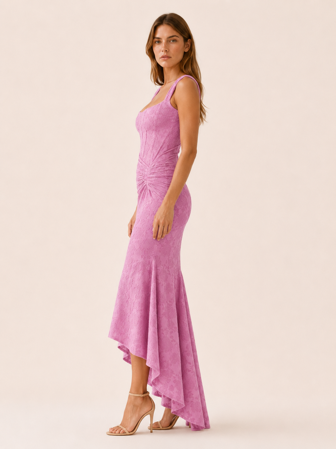 Pink Corset Maxi Dress with Ruched Waist and Mermaid Hem – side view