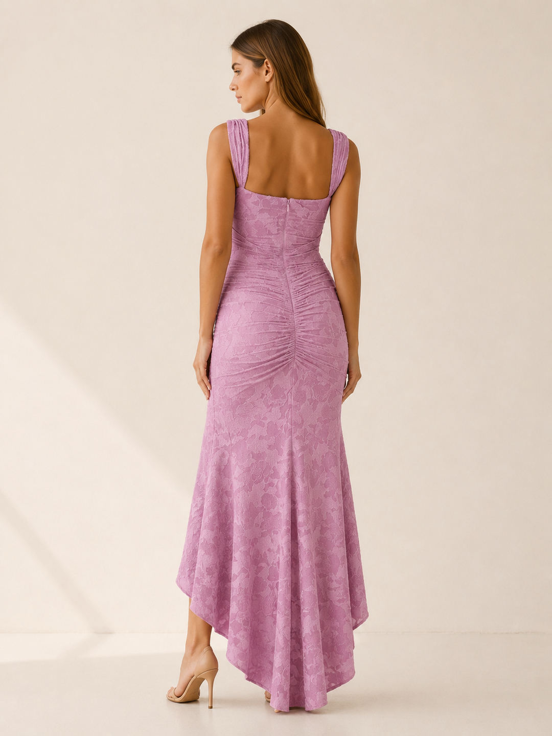 Pink Corset Maxi Dress with Ruched Waist and Mermaid Hem – back view