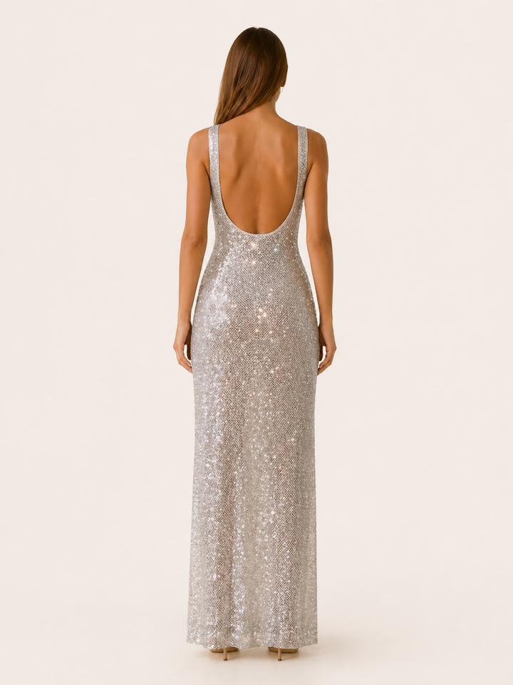 Silver Rhinestone Mesh Maxi Dress with Low Back – side view