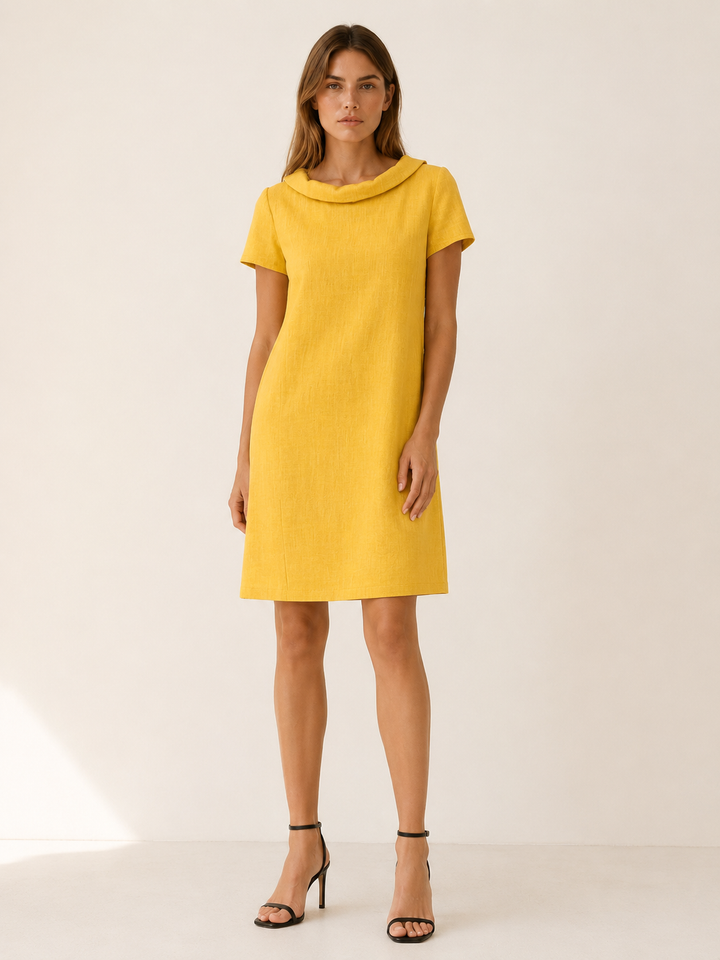 Yellow Linen Cotton Mini Dress with Rolled Neckline – front view