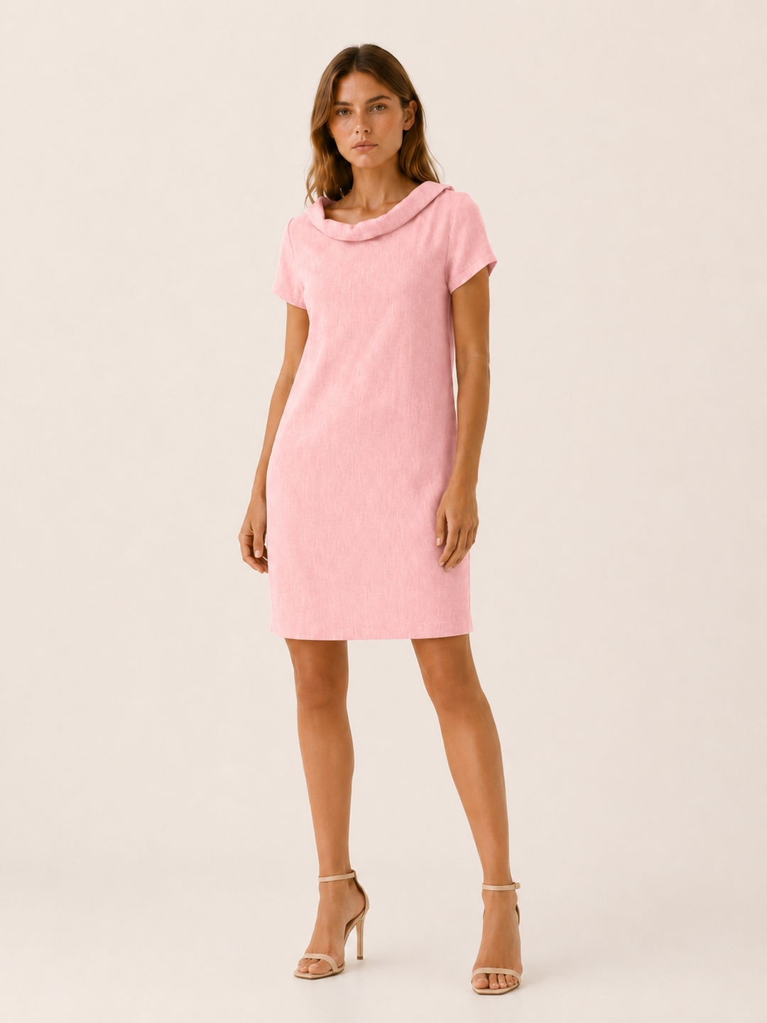 Pink Linen Cotton Mini Dress with Rolled Neckline – detail view