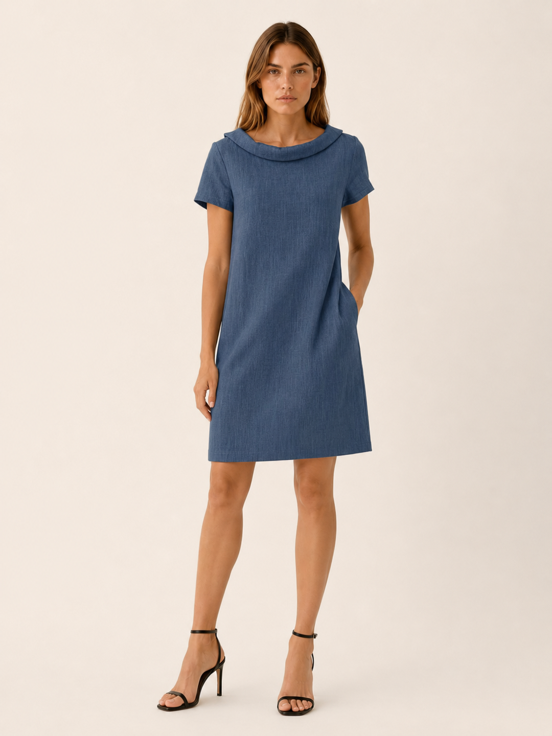 Yellow Linen Cotton Mini Dress with Rolled Neckline – close-up