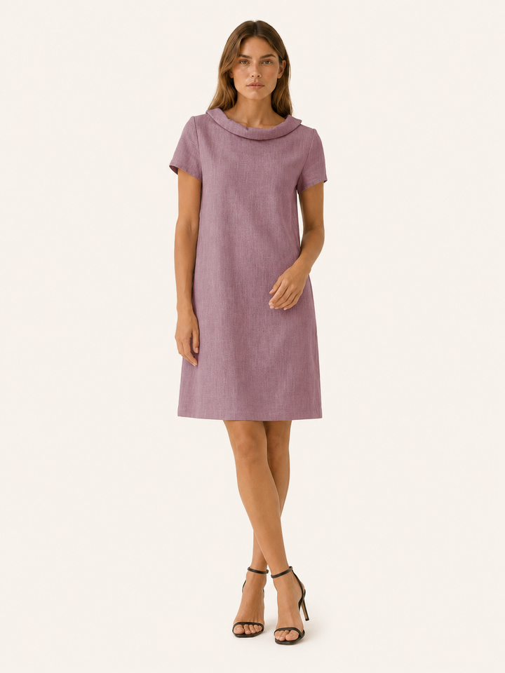 Pink Linen Cotton Mini Dress with Rolled Neckline – lifestyle