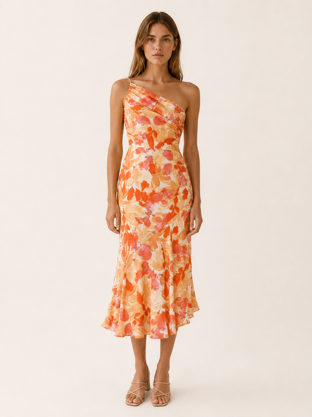 Orange Floral Midi Dress with One Shoulder Cut – front view