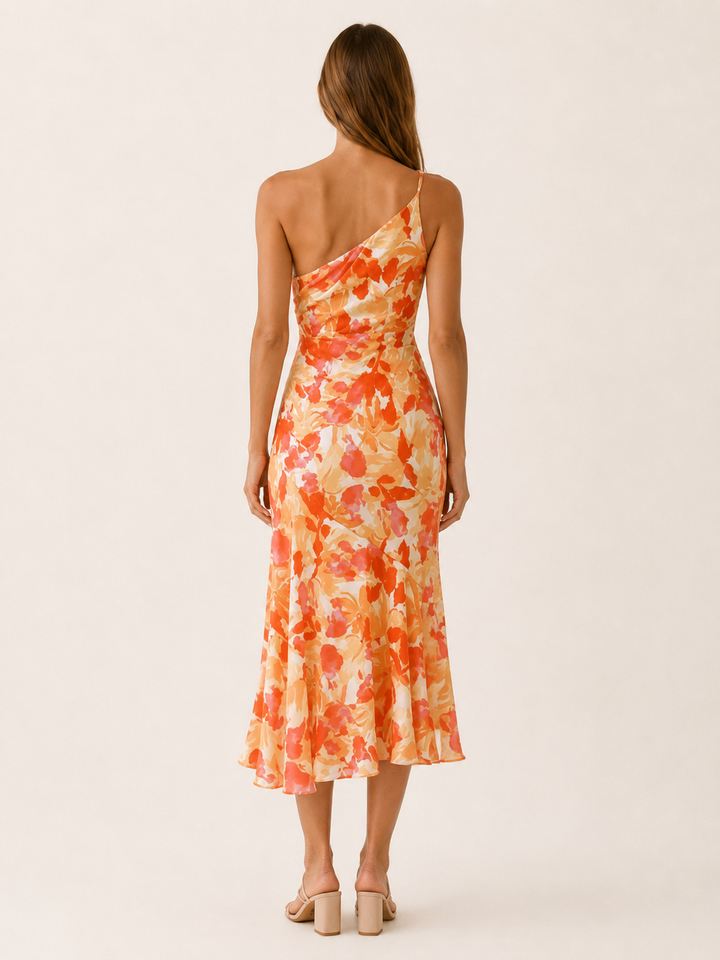 Pink Floral Midi Dress with One Shoulder Cut – side view