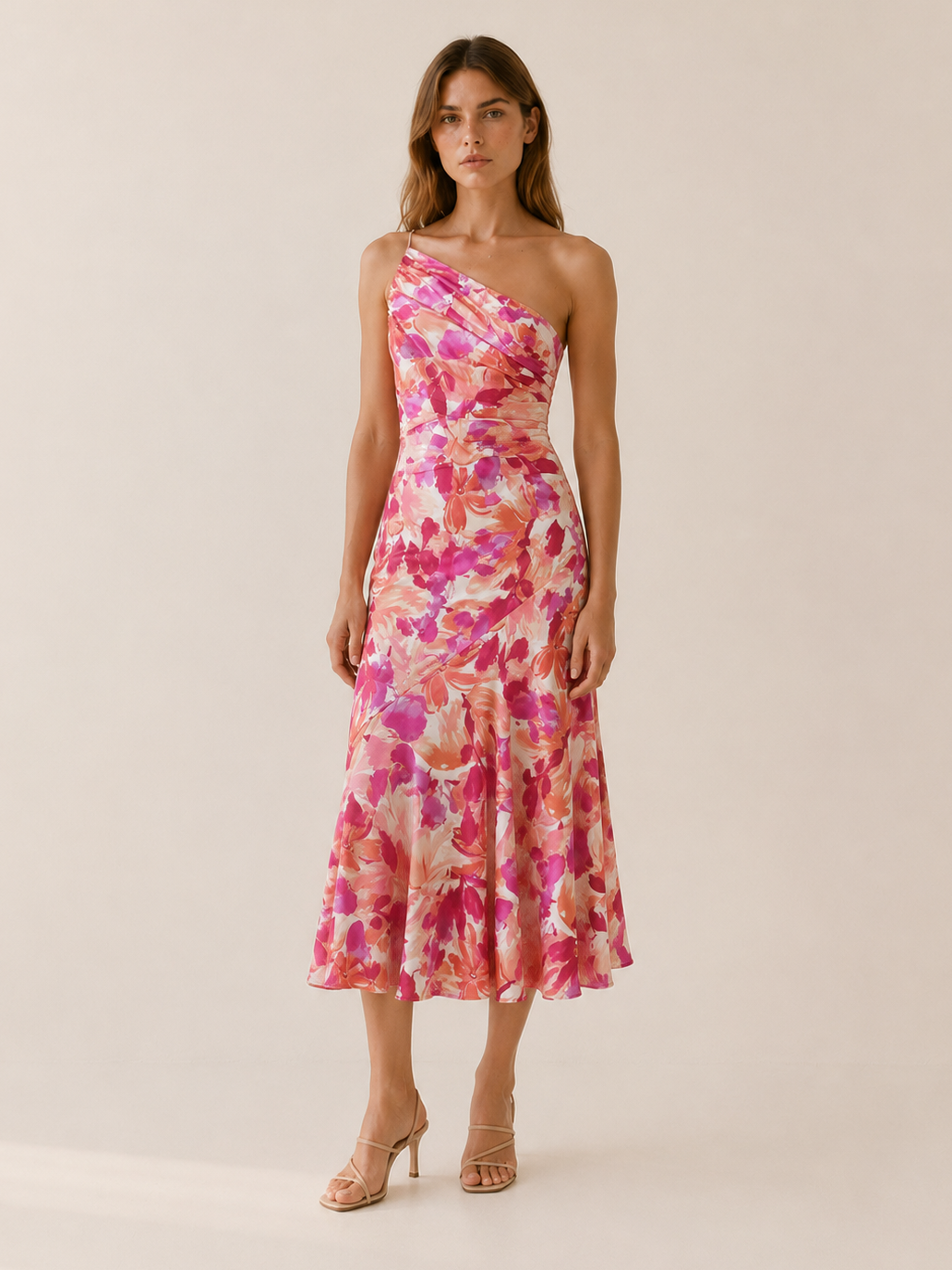 Orange Floral Midi Dress with One Shoulder Cut – detail view