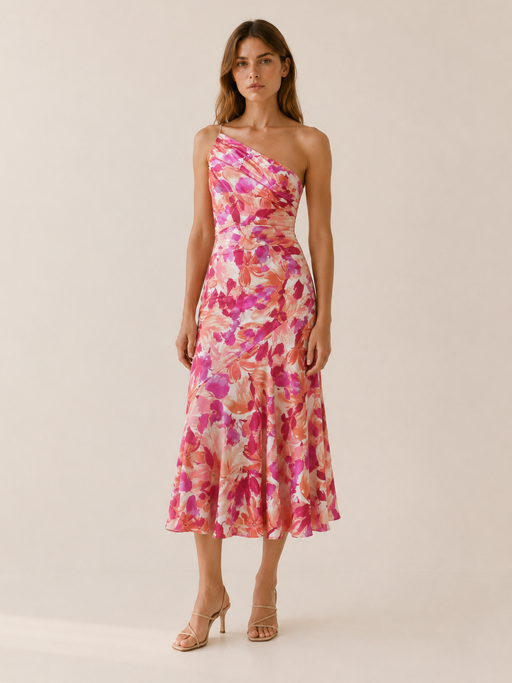 Orange Floral Midi Dress with One Shoulder Cut – detail view