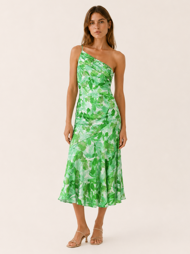 Blue Floral Midi Dress with One Shoulder Cut – lifestyle