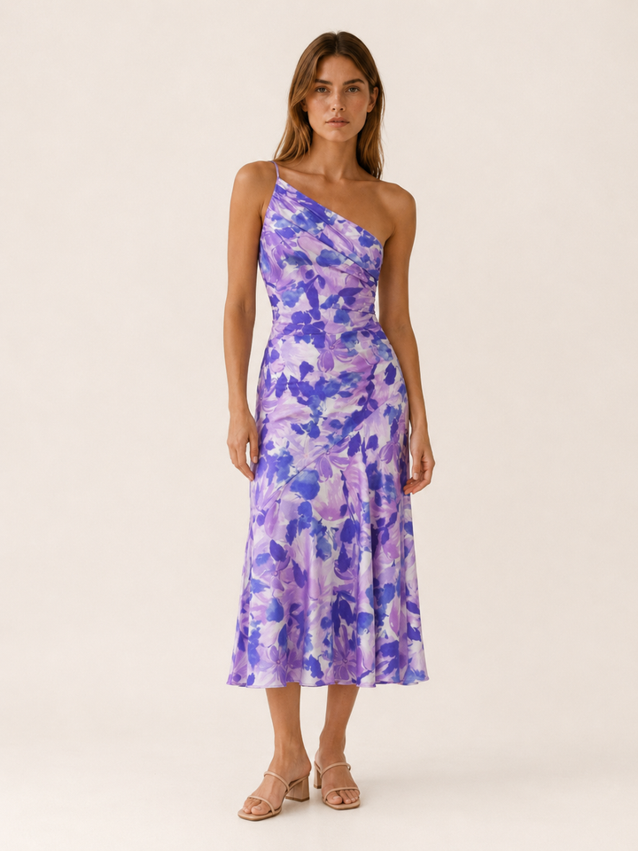 Orange Floral Midi Dress with One Shoulder Cut – full length view