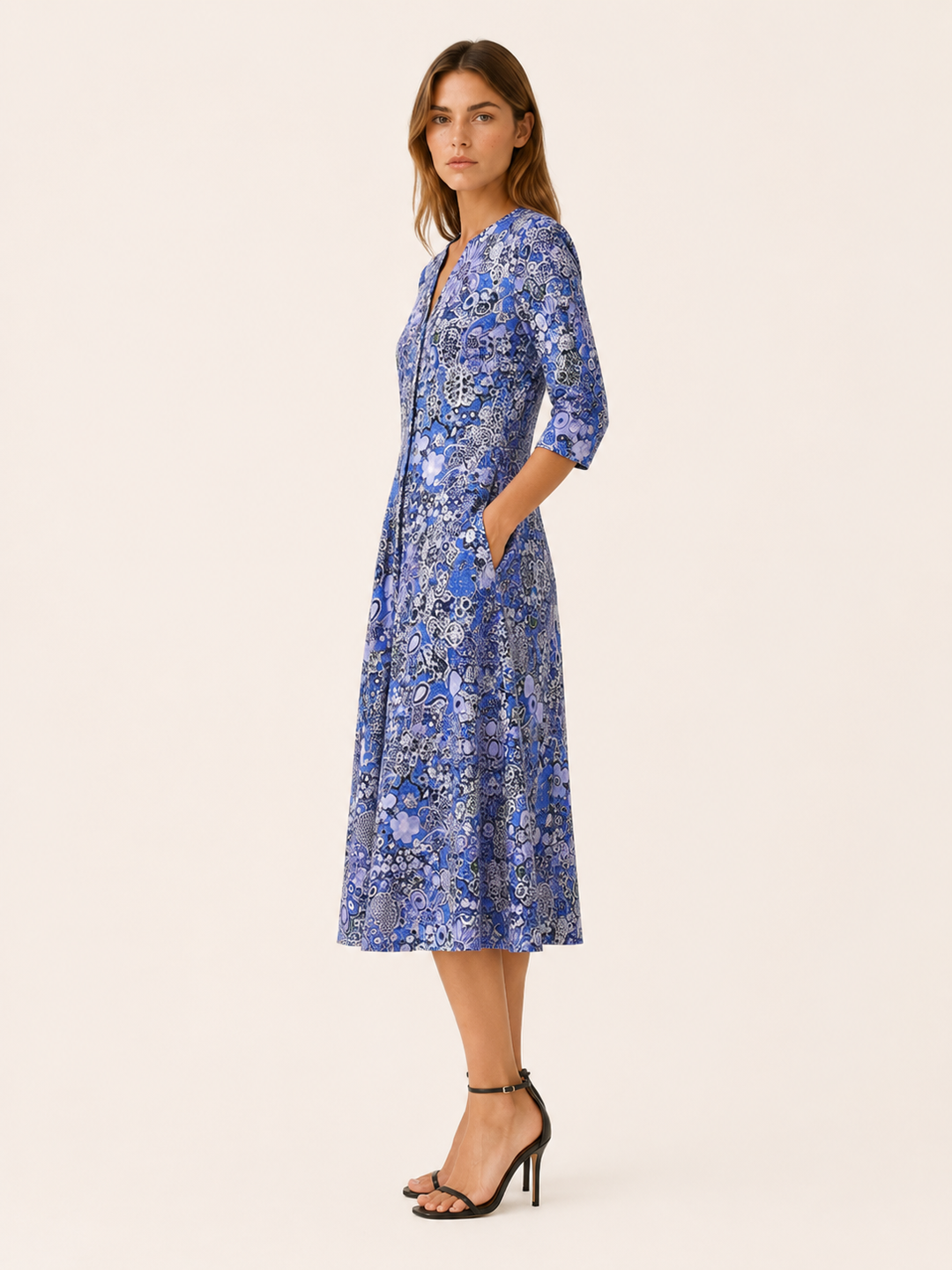 Red Printed Midi Dress with V Neck and Pockets – side view