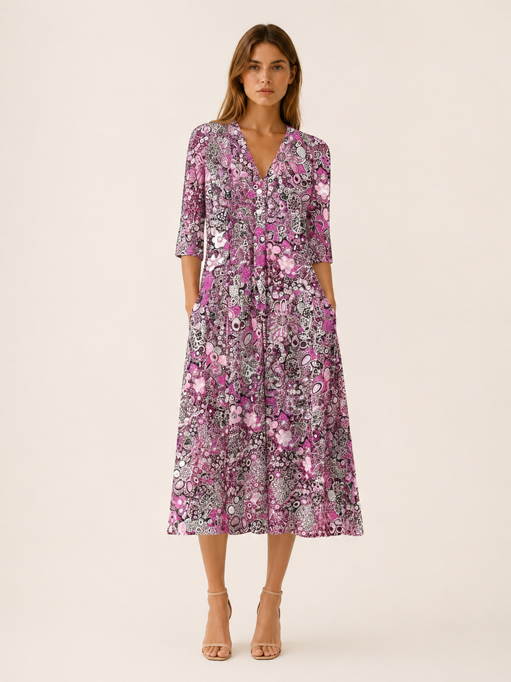 Blue Printed Midi Dress with V Neck and Pockets – full length view