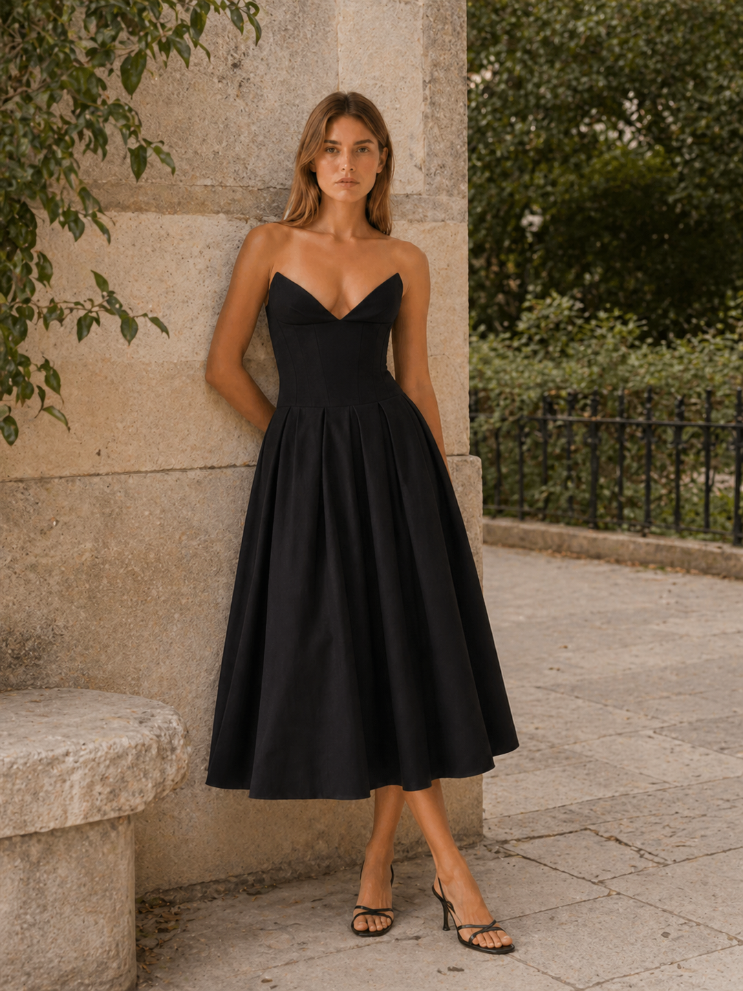 Black Corset Midi Dress with Full Skirt – back view